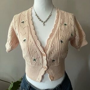 wild fable Peach V-Neck Short-Sleeve Knit Cardigan with Tulip Embroidery